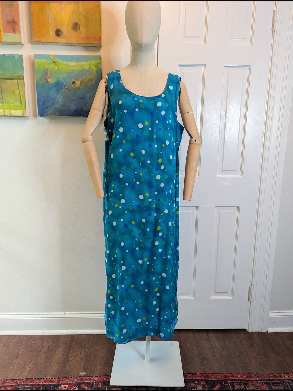 Impressions Reversible Teal Blue Polka Dot + Novelty Print Sleeveless Maxi Dress
